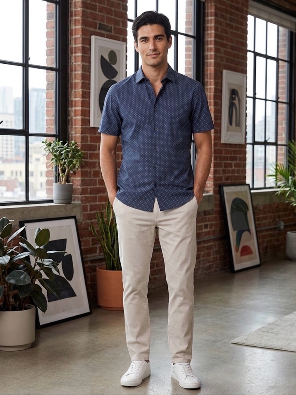 Vince Mens Short Sleeve Slim Fit Button Down Shirt Large Navy Blue Micro Print